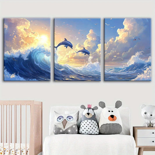 3pcs Fantasy Dolphin Leaping on The Waves Metal Print Ready to Hang Art