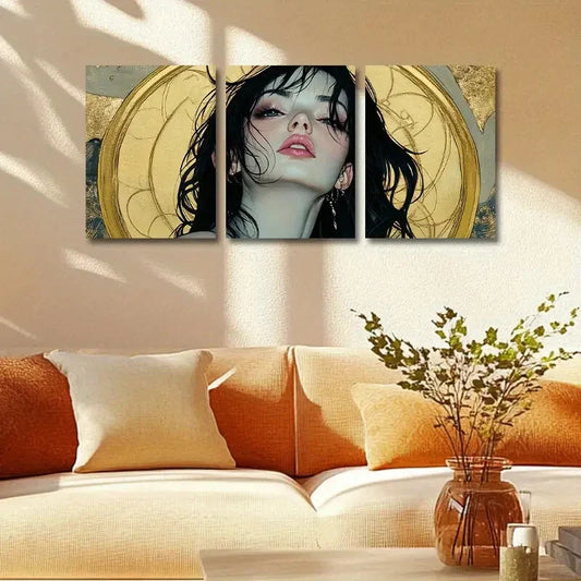 3pcs Pretty Woman with Golden Background Metal Print Ready to Hang Art