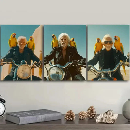 3pcs Vibrant Parrot & Motorcycle Scene Metal Print Ready to Hang Art