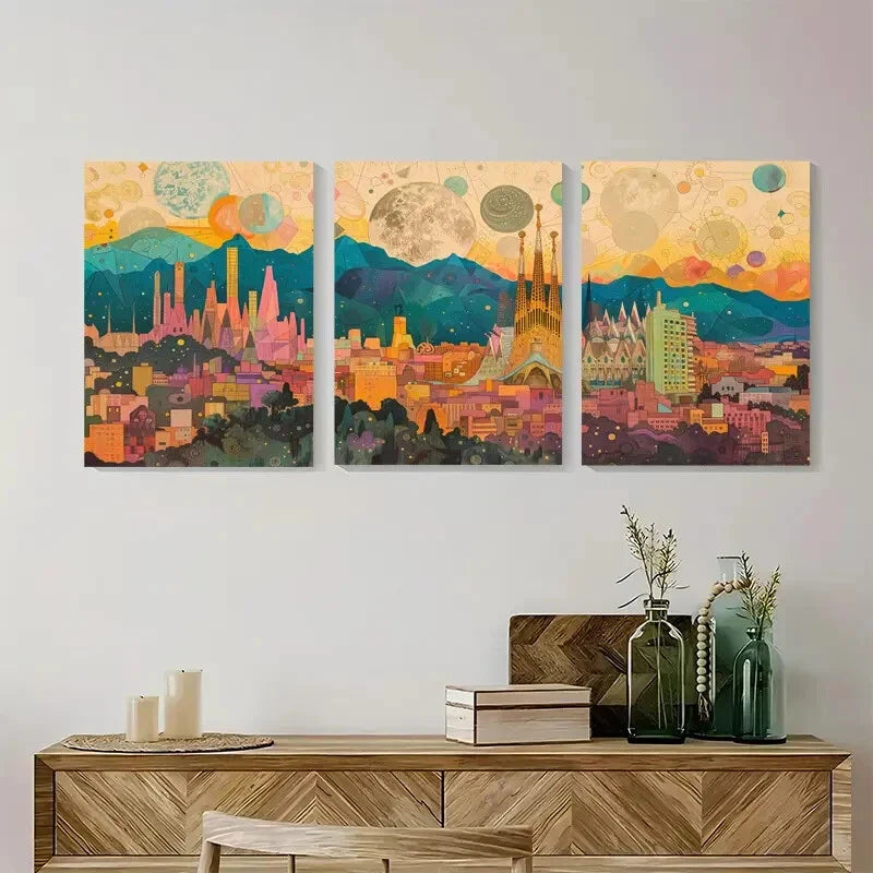 3pcs Barcelona Skyline Vibrant Colorful Melting Metal Print Ready to Hang Art