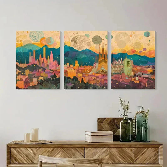 3pcs Barcelona Skyline Vibrant Colorful Melting Metal Print Ready to Hang Art