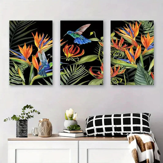 3pcs Tropical Hummingbird and Strelitzia Birds Metal Print Ready to Hang Art