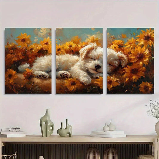 3pcs Adorable White Dog Yellow Flowers Metal Print Ready to Hang Art