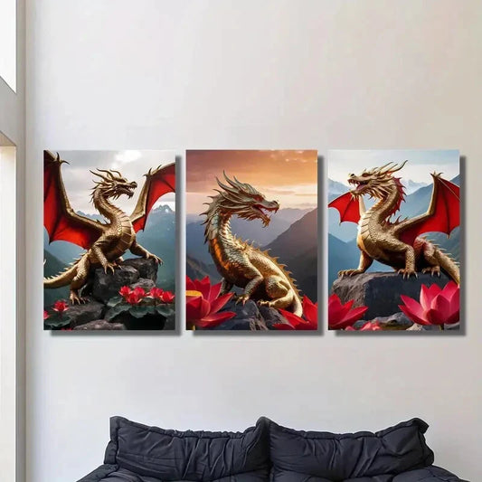 3pcs Golden Dragons with Red Wings, Metal Print Ready to Hang Art