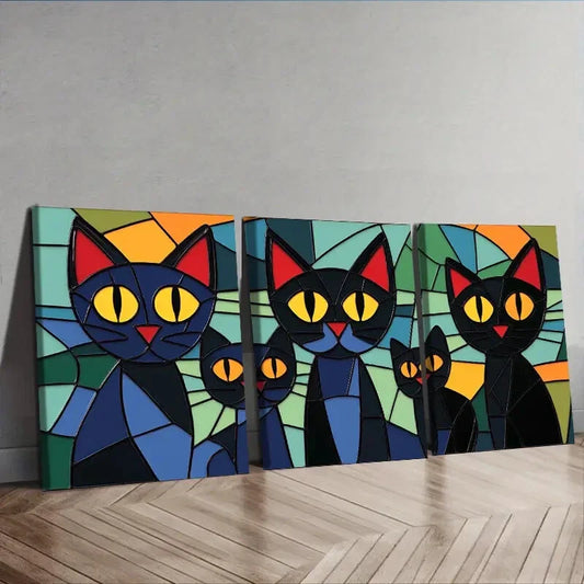 3pcs  Black Cats Family Wall Art Set Canvas Framed 40x60cm - High Quality Print 100% Australian Made Wall Canvas Ready to Hang