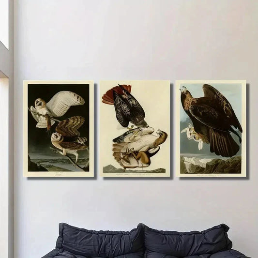 3pcs Vintage Style Birds Illustration, Metal Print Ready to Hang Art