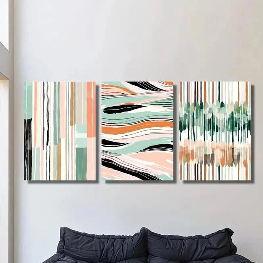 3pcs  Colorful Striped Green & Pink Prints  Metal Print Ready to Hang Art