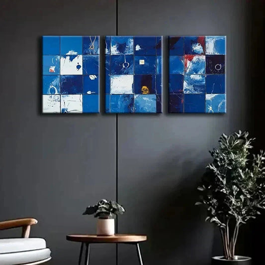 3pcs Abstract Blue and White Geometric Grid Wall Art Set Canvas Framed 40x60cm - High Quality Print 100% Australian Made Wall Canvas Ready to Hang