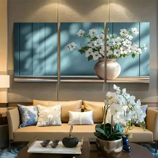 3pcs White Floral Bouquet in Elegant Vase Design Metal Print Ready to Hang Art