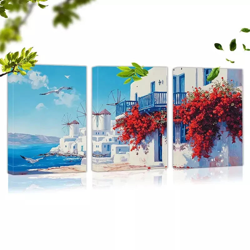 3pcs Seaside View Red Floral & Seagull Wall Art Set Canvas Framed 40x60cm - High Quality Print 100% Australian Made Wall Canvas Ready to Hang