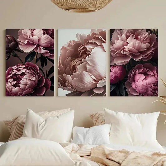 3pcs Pink & Black Floral Peony Botanical Metal Print Ready to Hang Art