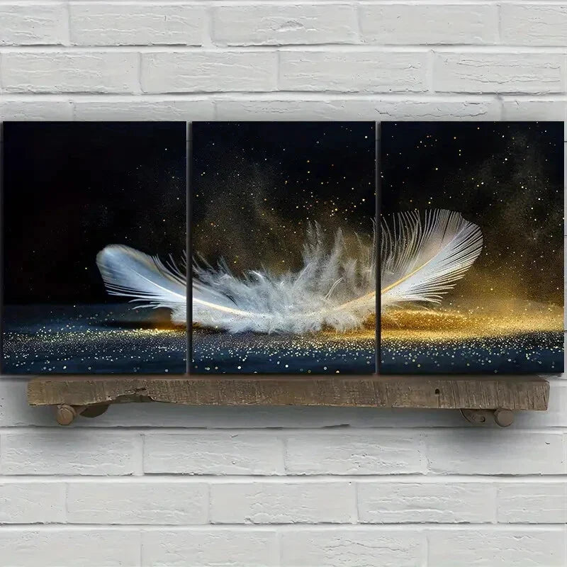 3pcs Feather Golden Blue White Wing Metal Print Ready to Hang Art