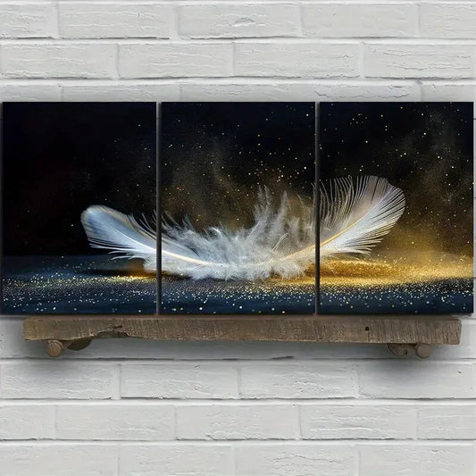 3pcs Feather Golden Blue White Wing Metal Print Ready to Hang Art