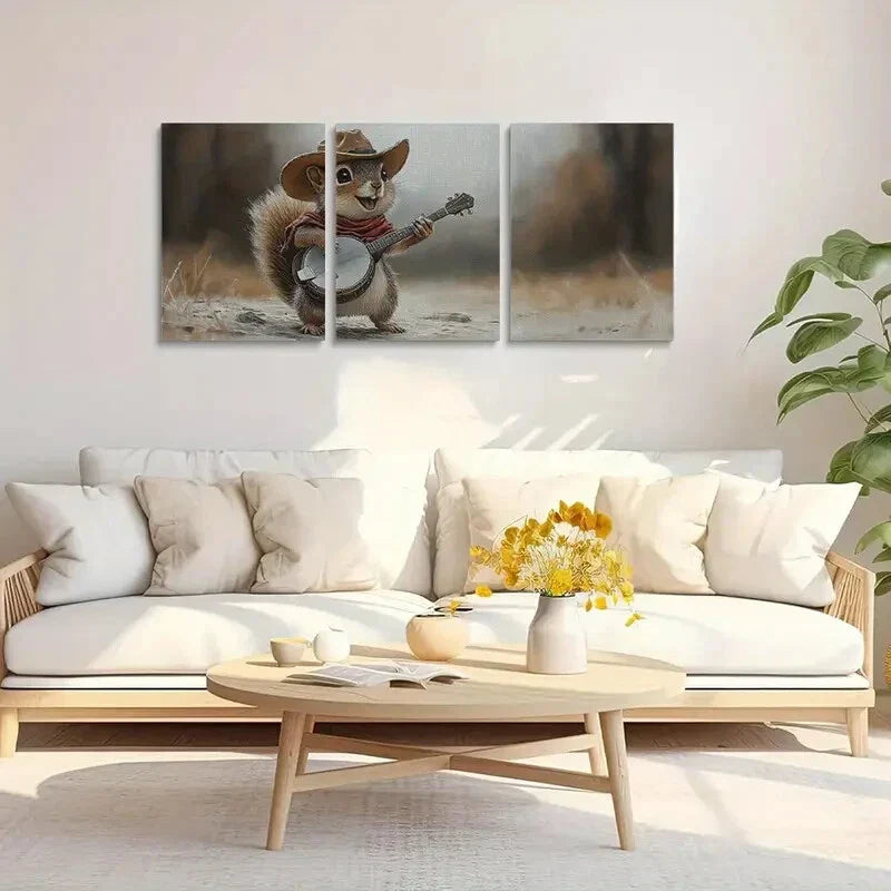3pcs Playful Squirrel in Hat & Bandana Metal Print Ready to Hang Art