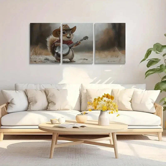 3pcs Playful Squirrel in Hat & Bandana Metal Print Ready to Hang Art