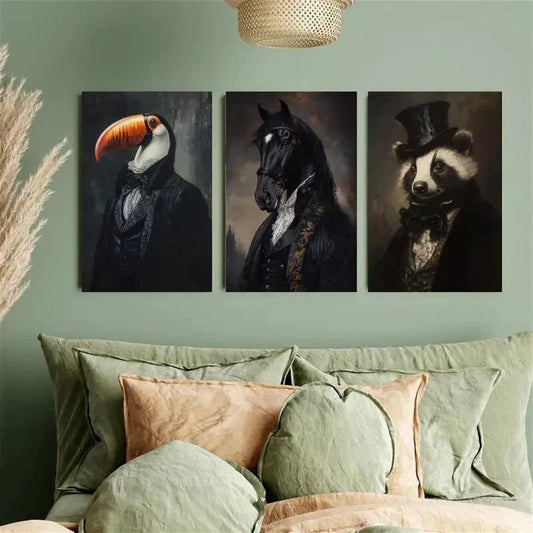 3pcs Victorian Steed, Toucan & Badger Suit Metal Print Ready to Hang Art