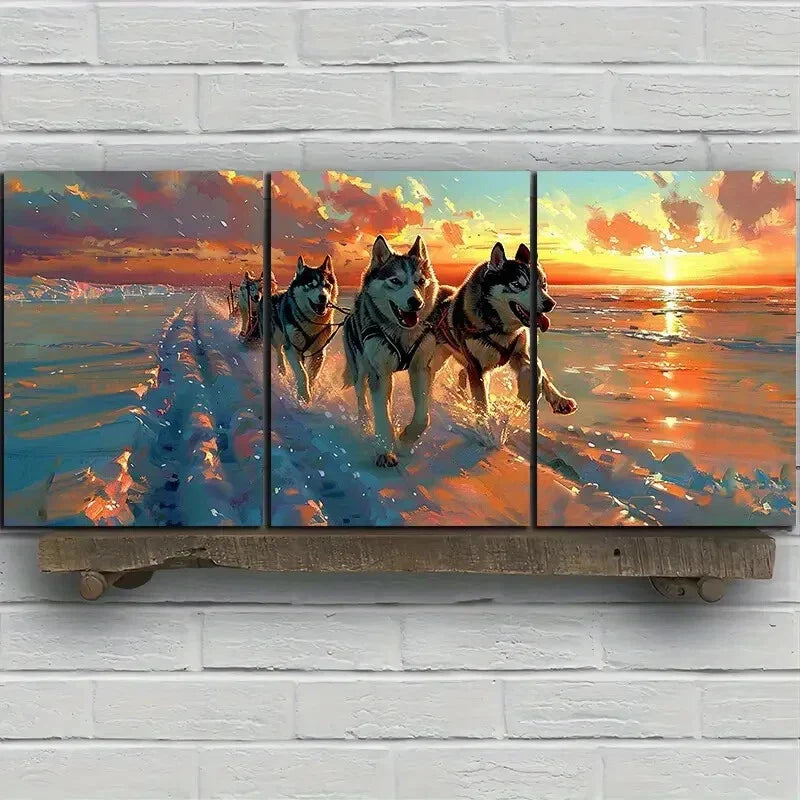 3pcs Running Dog Sled Sunset Clouds Metal Print Ready to Hang Art