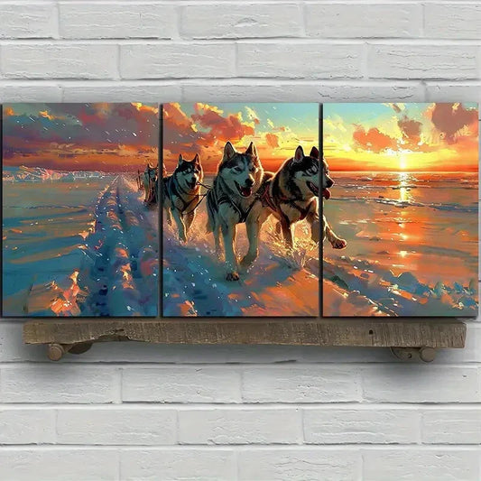 3pcs Running Dog Sled Sunset Clouds Metal Print Ready to Hang Art