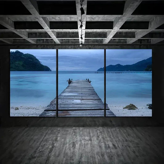 3pcs Old Wooden Dock Leading To The Blue Ocean Metal Print Ready to Hang Art