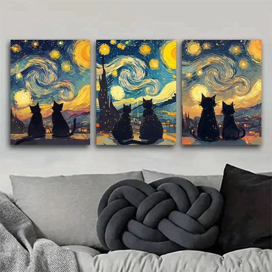 3pcs Starry Cats' Nighttime View Metal Print Ready to Hang Art