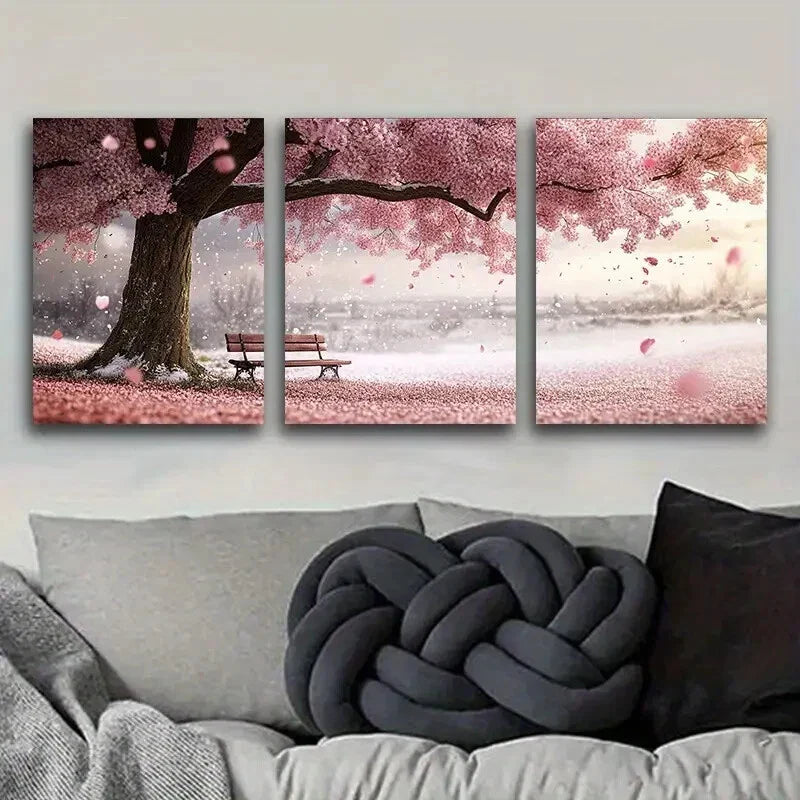 3pcs A Large Tree with Pink Flowers Painting Metal Print Ready to Hang Art