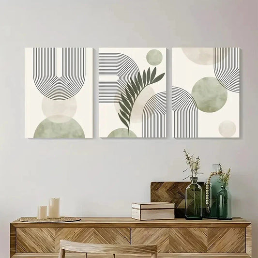3pcs Abstract Sage Green Geometric Metal Print Ready to Hang Art