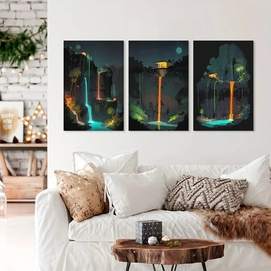 3pcs Neon Night Waterfall Mysterious Metal Print Ready to Hang Art