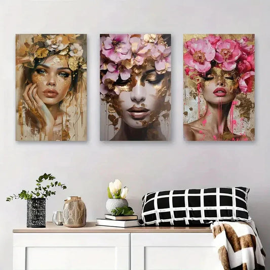 3pcs Elegant Female Figures with Golden and Pink Metal Print Ready to Hang Art