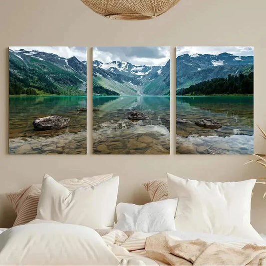 3pcs Light Blue Lake Snowy Mountains Metal Print Ready to Hang Art