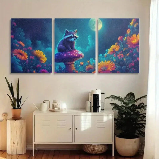 3pcs Vibrant Floral Night Sky with Full Moon Metal Print Ready to Hang Art