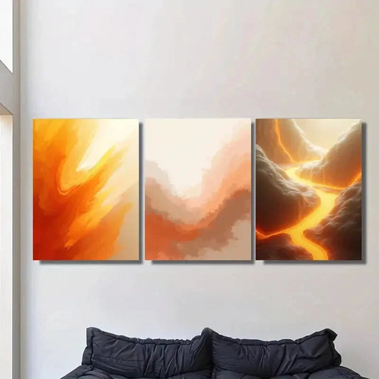 3pcs Vibrant Orange Triptych Modern Abstract Metal Print Ready to Hang Art