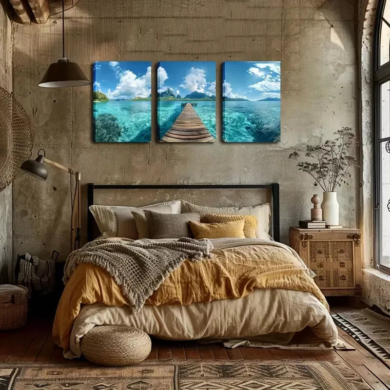 3pcs Serene Wooden Bridge & Turquoise Ocean Scene Wall Art Set Canvas Framed 40x60cm - High Quality Print 100% Australian Made Wall Canvas Ready to Hang