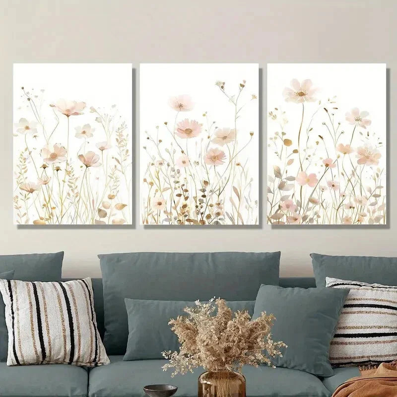 3pcs Soft Pink and Golden Wildflower Wall Art Set Canvas Framed 40x60cm - High Quality Print 100% Australian Made Wall Canvas Ready to Hang