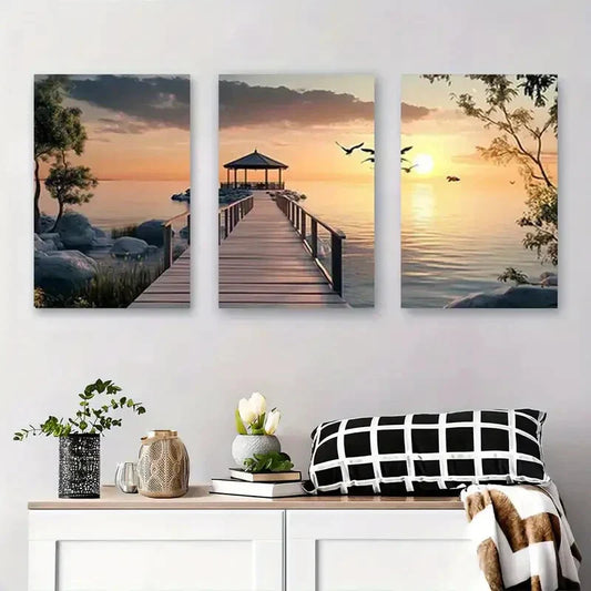 3pcs Serene Ocean View with Dock and Birds Metal Print Ready to Hang Art