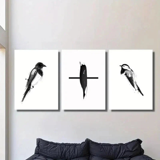 3pcs Black and White Magpie Chinese Pen Bird, Metal Print Ready to Hang Art