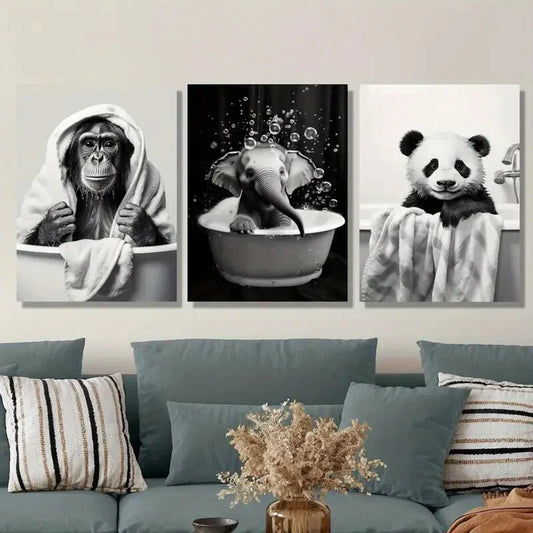 3pcs ,Adorable Cartoon Animals Enjoying a Bath Metal Print Ready to Hang Art