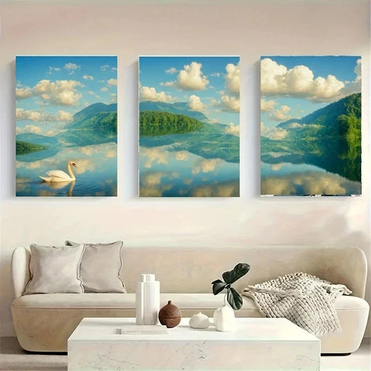 3pcs A White Swan Swimming White Clouds Metal Print Ready to Hang Art