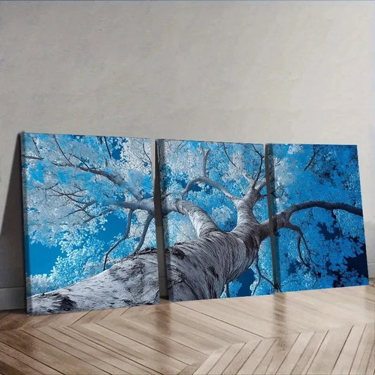 3pcs Vibrant Blue Poplar Tree with Sunlit Leaves Wall Art Set Canvas Framed 40x60cm - High Quality Print 100% Australian Made Wall Canvas Ready to Hang