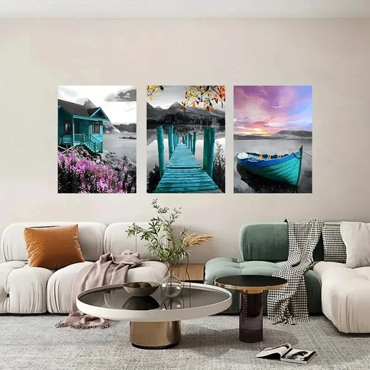 3pcs Landscape Paintings with Modern Atmosphere Metal Print Ready to Hang Art