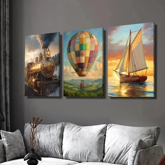 3pcs Steam Train Hot Air Balloon Sailboat Wall Art Set Canvas Framed 40x60cm - High Quality Print 100% Australian Made Wall Canvas Ready to Hang