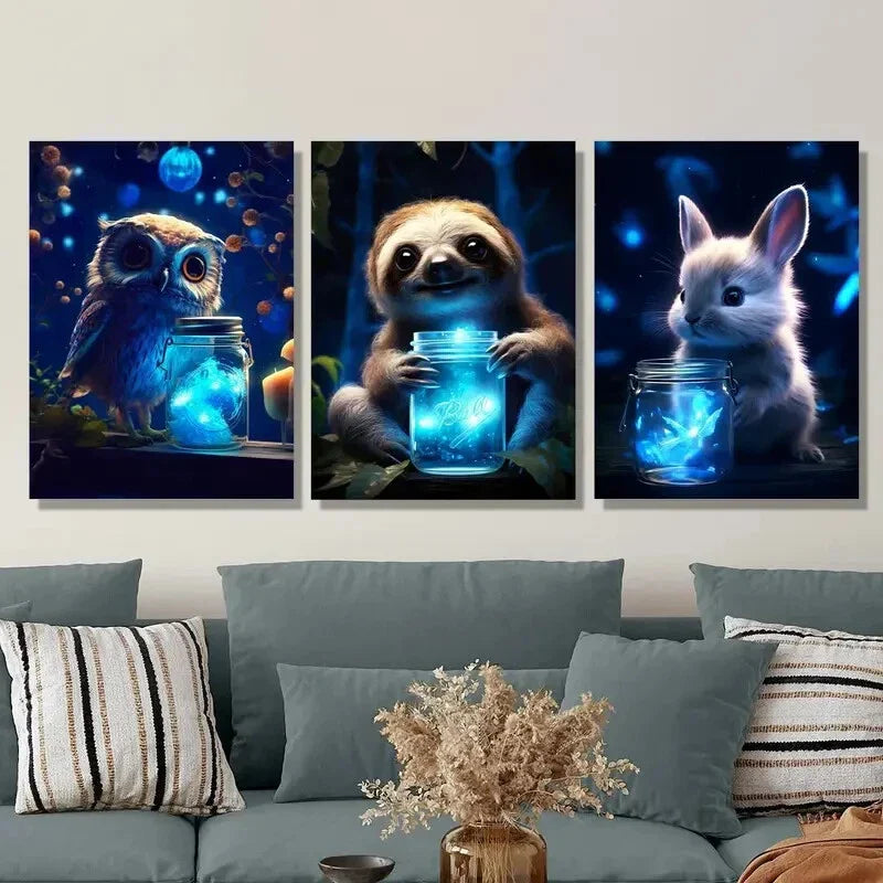 3pcs Cute cartoon animals, Magic in the forest, Metal Print Ready to Hang Art