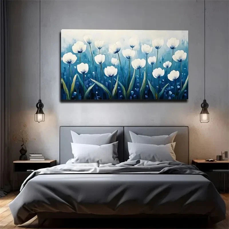 Blue And White Flower Decor Wall Art Canvas Office Home Room Framed 80x45cm