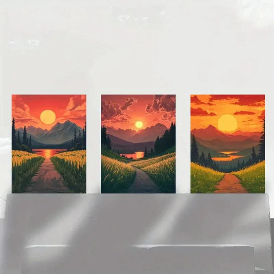 3pcs Rural Sunset Green Grasses Mountain Metal Print Ready to Hang Art