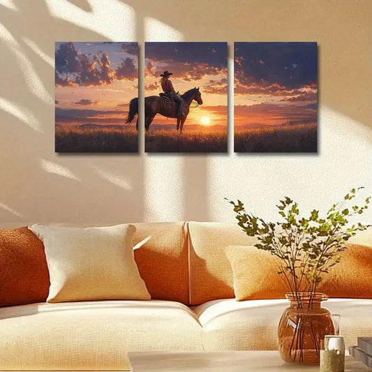 3pcs The Woman on the Prairie at Sunset Metal Print Ready to Hang Art
