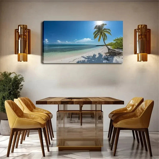 Tropical Beach Palm Tree Clear Wall Art Canvas Office Home Room Framed 80x45cm