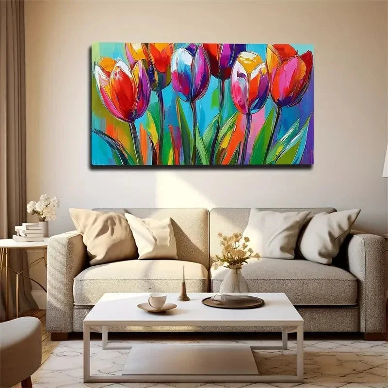Expressive Brushstrokes Tulips Wall Art Canvas Office Home Room Framed 120x60cm