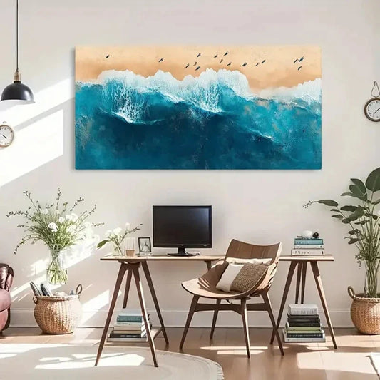 Aerial Ocean Waves Sandy Beach Wall Art Canvas Office Home Room Framed 120x60cm