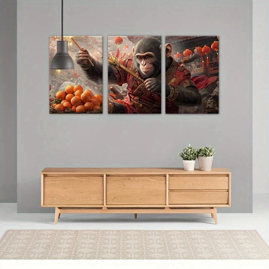 3pcs Luxury Monkey Triptych With Vibrant Metal Print Ready to Hang Art