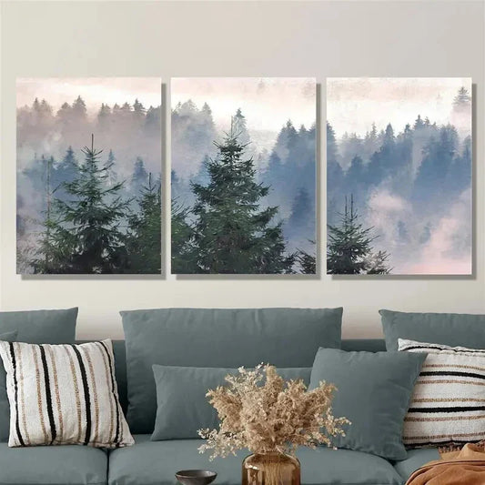 3pcs Misty mountain forest, forest art, Metal Print Ready to Hang Art