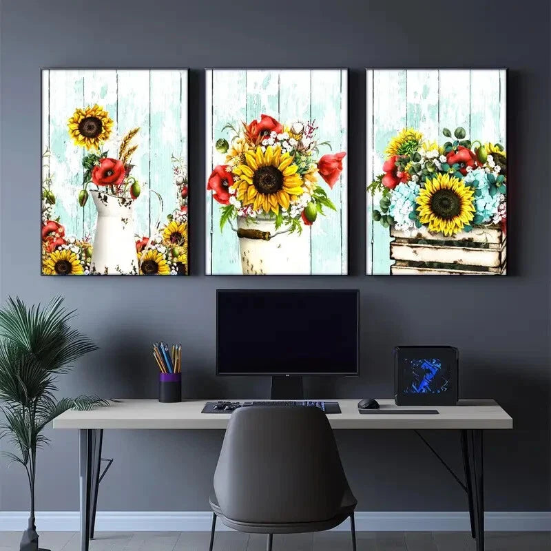 3pcs Sunflower Art Vintage Dormitory Poster Metal Print Ready to Hang Art